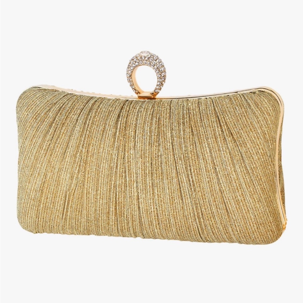Elegant Gold Evening Clutch with Crystal Ring Closure